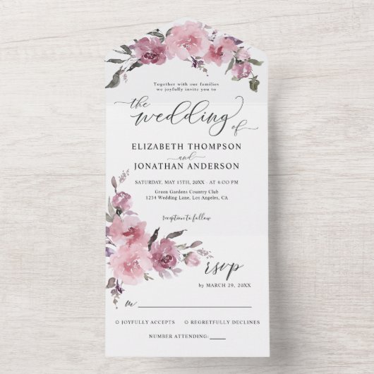 ほこりっぽいバラピンクフラワーフローラ結婚ズ詳細RSVP オールインワン招待状 (内側)