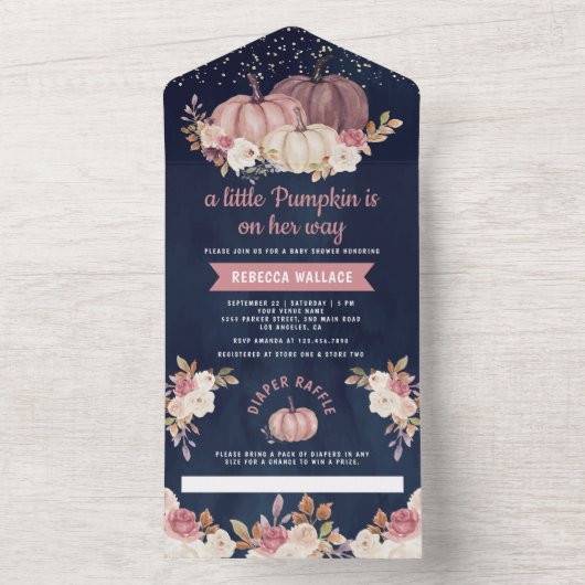 ほこりっぽいバラピンクフローラネイビーカボチャ赤ちゃんシャワー オールインワン招待状 (内側)