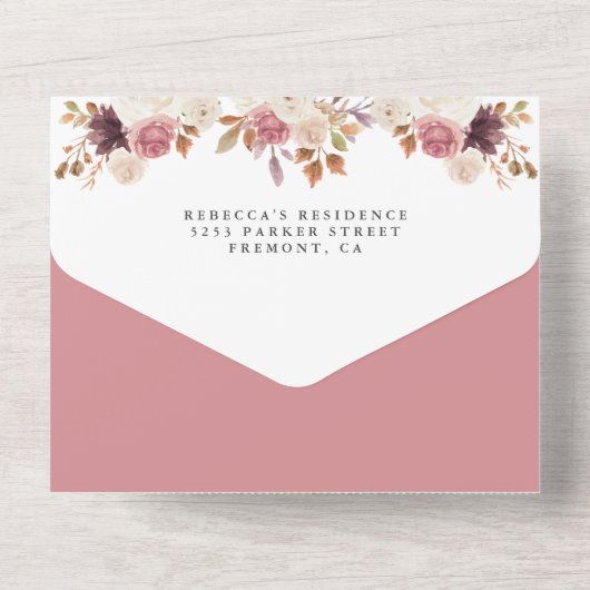 ほこりっぽいバラピンクフローラネイビーカボチャ赤ちゃんシャワー オールインワン招待状 (裏面)