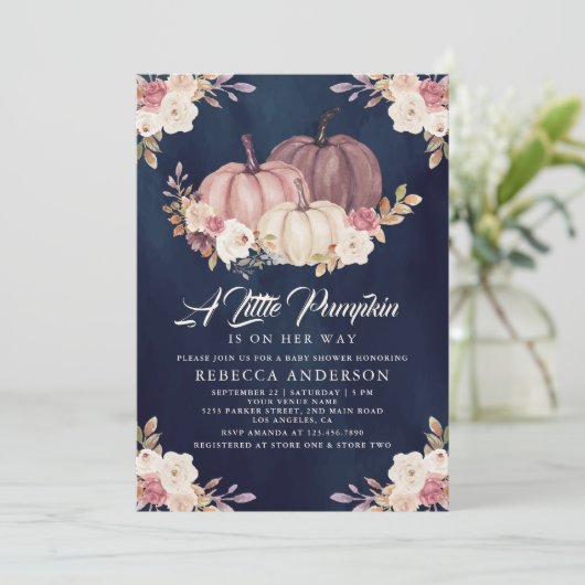 ほこりっぽいバラピンクフローラネイビーカボチャ赤ちゃんシャワー 招待状 (スタンド正面)