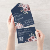 ほこりっぽいバラピンクフローラネイビーブルーQRコード結婚ズ オールインワン招待状 (貼ってはがせる)