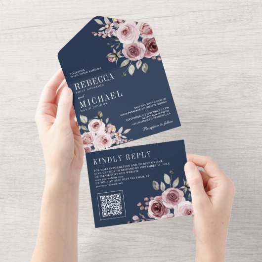 ほこりっぽいバラピンクフローラネイビーブルーQRコード結婚ズ オールインワン招待状 (貼ってはがせる)