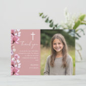 ほこりっぽいバラピンクフローラ写真第1聖餐式 サンキューカード (スタンド正面)