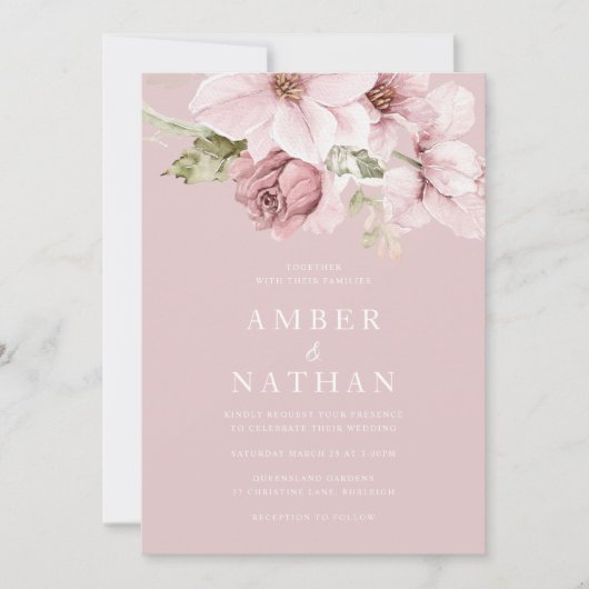 ほこりっぽいバラピンクフローラ水の色エレガントな結婚式 招待状 (正面)