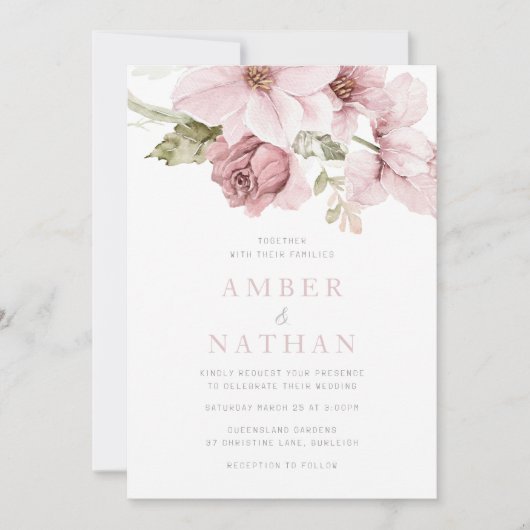 ほこりっぽいバラピンクフローラ水の色結婚の 招待状 (正面)