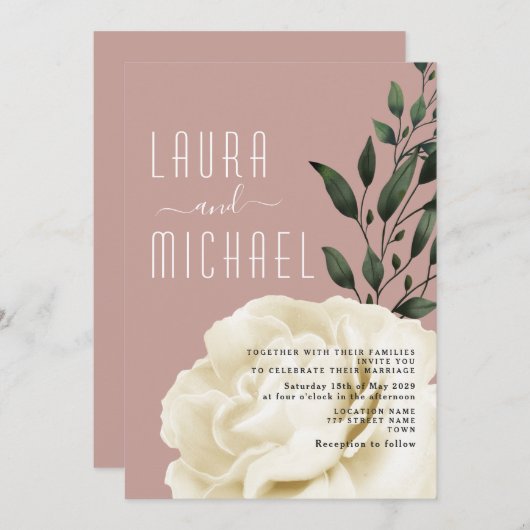 ほこりっぽいバラピンクフローラ結婚式招待状 招待状 (正面/裏面)