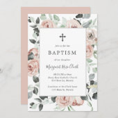 ほこりっぽいバラピンクフローラ緑の女の子バプテスマ 招待状 (正面/裏面)