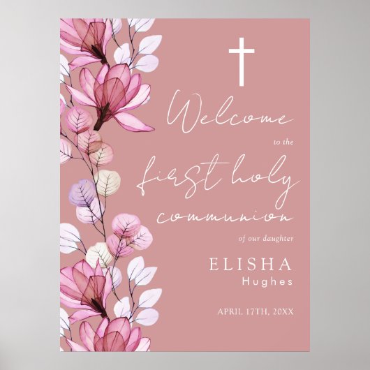 ほこりっぽいバラピンクフローラ聖体歓迎サイン ポスター (正面)
