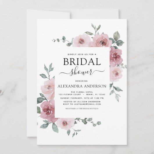ほこりっぽいバラピンクブライダルシャワーフローラ緑 招待状 (正面)