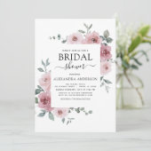 ほこりっぽいバラピンクブライダルシャワーフローラ緑 招待状 (スタンド正面)