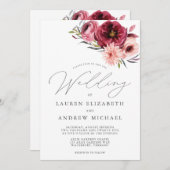 ほこりっぽいバラピンクブルゴーニュ水カラーフローラ結婚ズ 招待状 (正面/裏面)