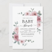 ほこりっぽいバラピンクベビーシャワーフローラ緑 招待状 (正面)