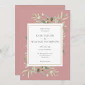 ほこりっぽいバラピンクマウブグリーン結婚リーの葉 招待状 (正面/裏面)