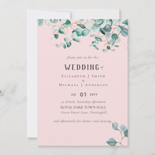 ほこりっぽいバラピンクユーカリ結婚プス 招待状 (正面)