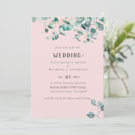 ほこりっぽいバラピンクユーカリ結婚プス 招待状 (スタンド正面)