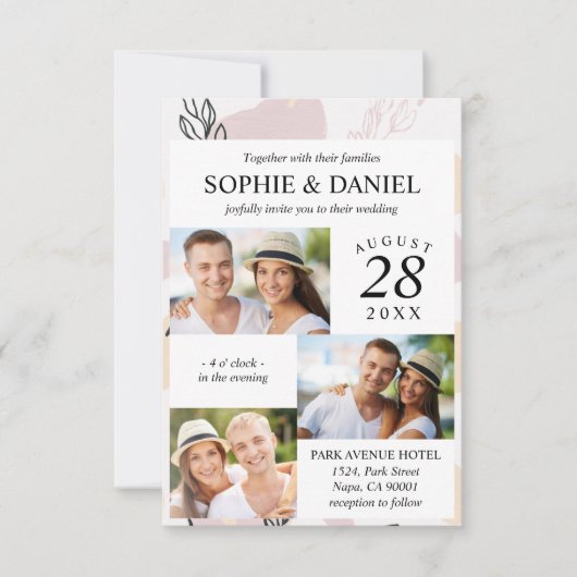 ほこりっぽいバラピンクラインアート抽象芸術3フォト結婚ズ 招待状 (正面)