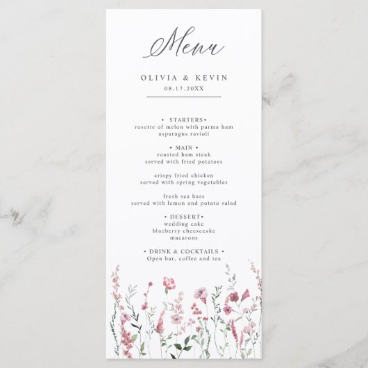 ほこりっぽいバラピンクワイルドフラワーメドウフローラ結婚ズ メニュー (正面)
