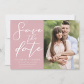 ほこりっぽいバラピンク婚約カップルの写真 セーブザデート (正面)