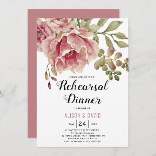 ほこりっぽいバラピンク結婚フローラのリハーサル 招待状 (正面/裏面)