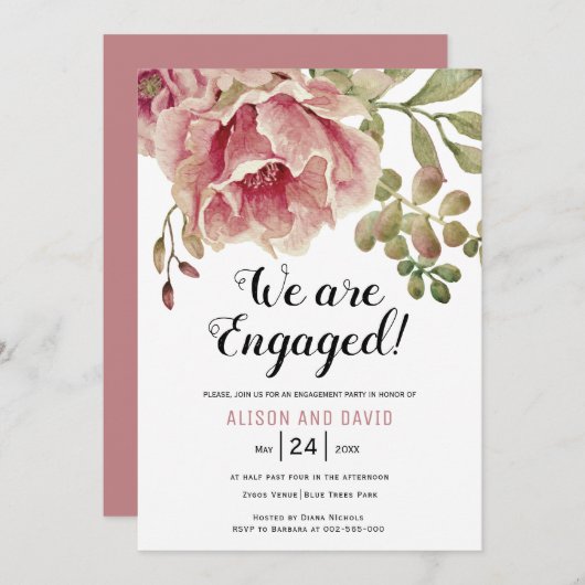 ほこりっぽいバラピンク結婚フローラ婚約パーティ 招待状 (正面/裏面)