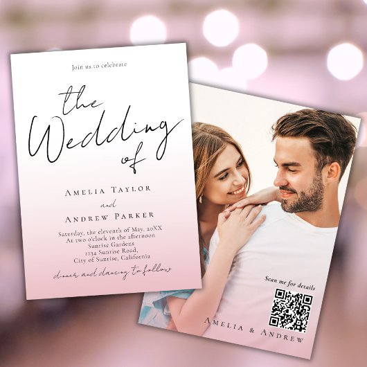 ほこりっぽいバラピンク結婚式招待状写真QRコード 招待状