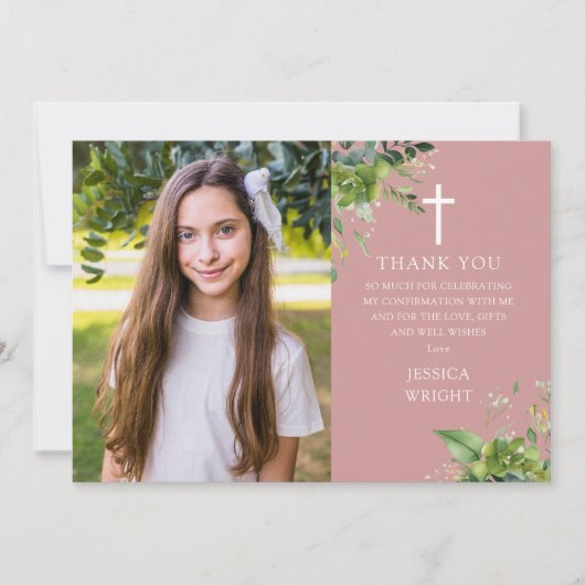 ほこりっぽいバラピンク緑の写真確認 サンキューカード (正面)