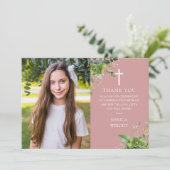 ほこりっぽいバラピンク緑の写真確認 サンキューカード (スタンド正面)