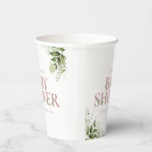 ほこりっぽいバラピンク緑レターベビーシャワー 紙コップ (右)