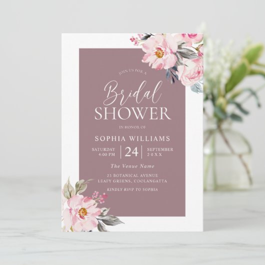 ほこりっぽいバラピンク赤面フローラブライダルシャワー 招待状 (スタンド正面)