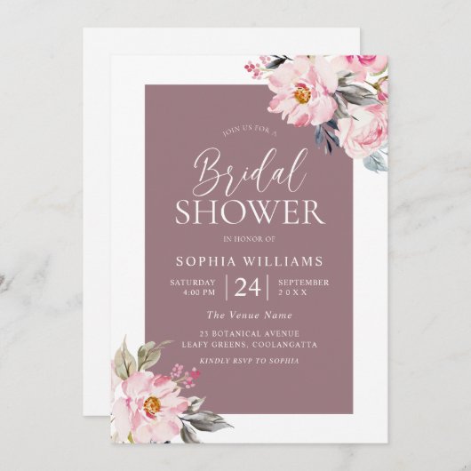 ほこりっぽいバラピンク赤面フローラブライダルシャワー 招待状 (正面/裏面)
