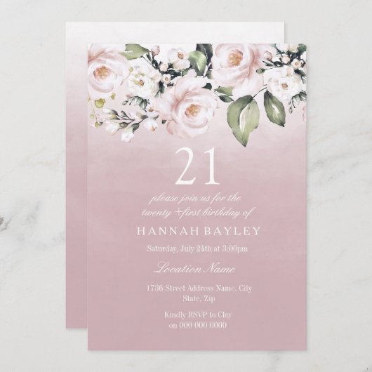 ほこりっぽいバラピンク赤面女性21st誕生日パーティー 招待状 (正面/裏面)