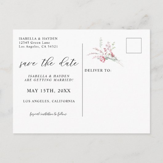 ほこりっぽいバラピンク赤面野生の花の日付を保存 案内ポストカード (裏面)