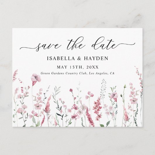 ほこりっぽいバラピンク赤面野生の花の日付を保存 案内ポストカード (正面)