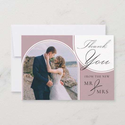 ほこりっぽいバラピンク4アーチ結婚写真の書道 サンキューカード (正面)