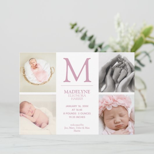 ほこりっぽいバラピンク4フォトコラージュ生まれたばかりのガール誕生 案内状 (スタンド正面)