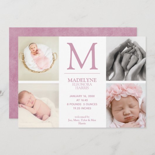 ほこりっぽいバラピンク4フォトコラージュ生まれたばかりのガール誕生 案内状 (正面/裏面)