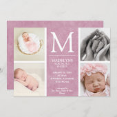 ほこりっぽいバラピンク4フォトコラージュ生まれたばかりのガール誕生 案内状 (正面/裏面)
