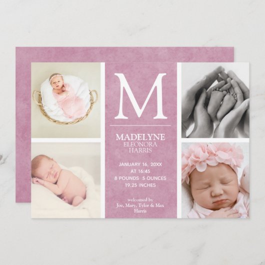 ほこりっぽいバラピンク4フォトコラージュ生まれたばかりのガール誕生 案内状 (正面/裏面)