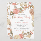 ほこりっぽいバラピーチクリームフローラバースデーパーティー 招待状 (正面/裏面)