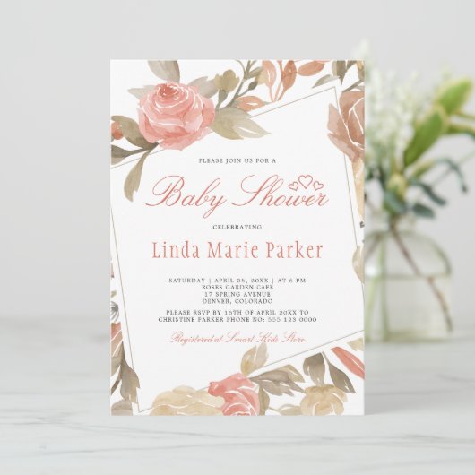 ほこりっぽいバラピーチクリームフローラベビーシャワー 招待状 (スタンド正面)
