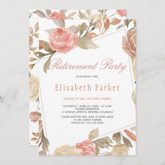 ほこりっぽいバラピーチクリームフローラ退職パーティー 招待状 (正面/裏面)