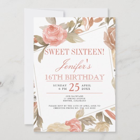 ほこりっぽいバラピーチクリームフローラSweet sixteen 招待状 (正面)