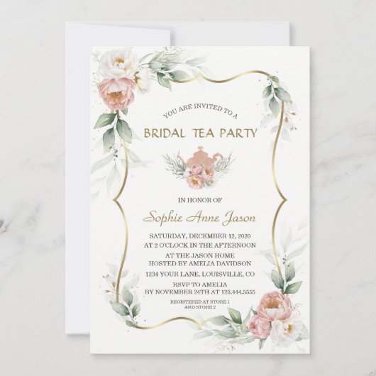 ほこりっぽいバラフラワーズエアリーグリーンブライダルシャワー 招待状 (正面)