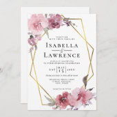 ほこりっぽいバラフラワーピンクフローラゴールドフォイル結婚ズ 招待状 (正面/裏面)