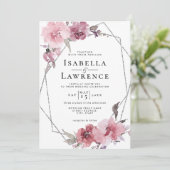 ほこりっぽいバラフラワーピンクフローラシルバーフォイル結婚ズ 招待状 (スタンド正面)