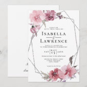 ほこりっぽいバラフラワーピンクフローラシルバーフォイル結婚ズ 招待状 (正面/裏面)