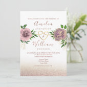 ほこりっぽいバラフローラと金ゴールド結婚式招待状 招待状 (スタンド正面)