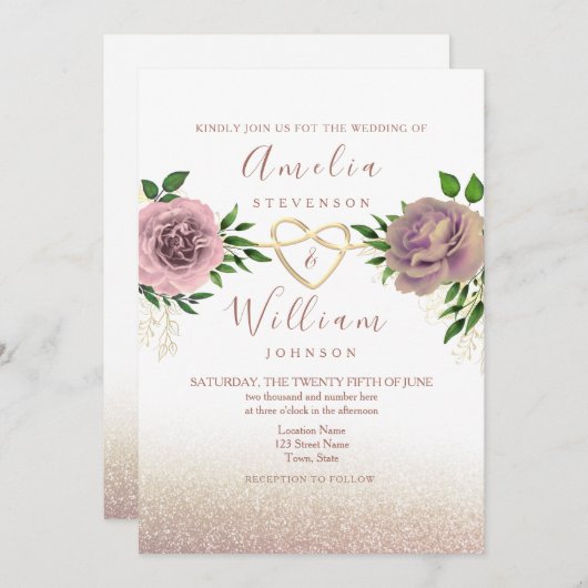 ほこりっぽいバラフローラと金ゴールド結婚式招待状 招待状 (正面/裏面)