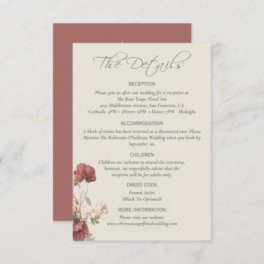 ほこりっぽいバラフローラエレガントな結婚式詳細カード エンクロージャーカード (正面/裏面)