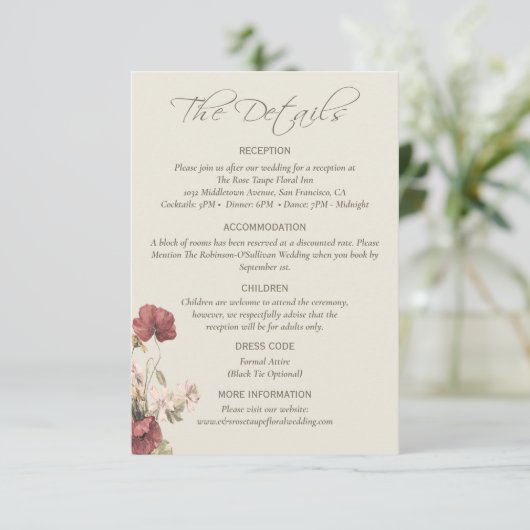 ほこりっぽいバラフローラエレガントな結婚式詳細カード エンクロージャーカード (スタンド正面)